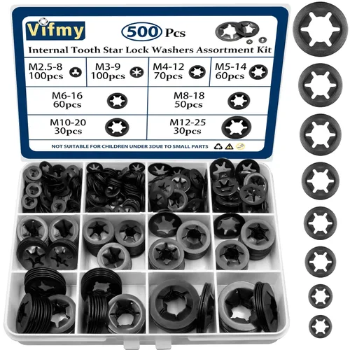 Vista 10 de Kit de Arandelas de Bloqueo de Diente Externo Vifmy (Paquete de 500), M2.5 M3 M4 M5 M6 M8 M10 M12 Métricas Juego de Arandelas de Estrella Externa