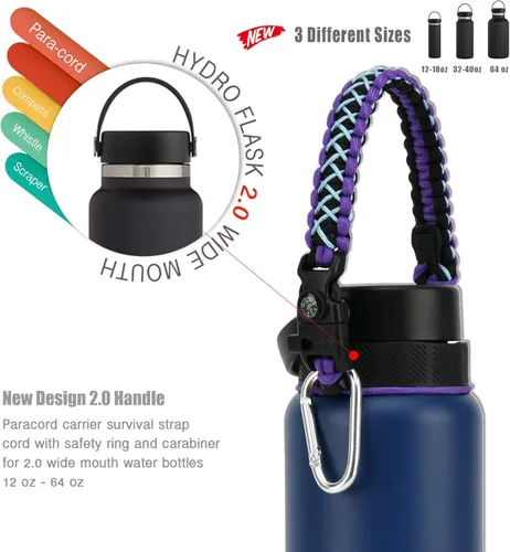 Vista 32 de Asa de cuerda de paracaídas para botellas Hydroflask 2.0 de boca ancha y estándar, con nuevo soporte de anillo de seguridad, 12oz - 64oz