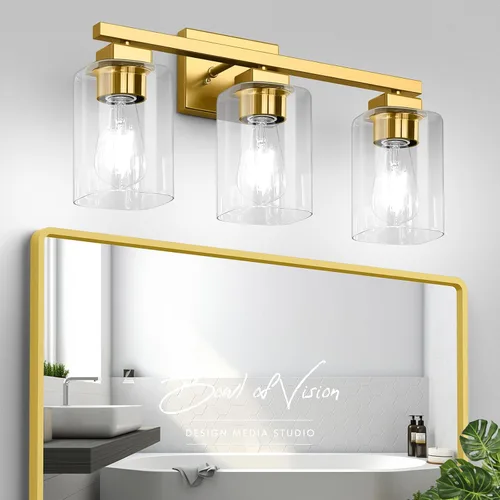 Vista 8 de BesLowe Lámpara de baño de 19 pulgadas con 3 luces, lámpara de tocador moderna dorada sobre espejo, lámpara de pared mate dorada, apliques