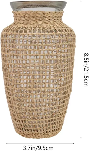 Vista 3 de Cabilock Jarrón de vidrio tejido estilo nórdico de 8.5 pulgadas de hierba marina hidropónica para plantas, jarrón decorativo de mimbre natural
