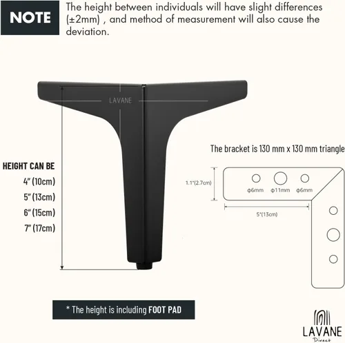 Vista 5 de La Vane Patas de metal para muebles de 4 pulgadas, juego de 4 – patas de repuesto modernas de triángulo de diamante negro para bricolaje, patas
