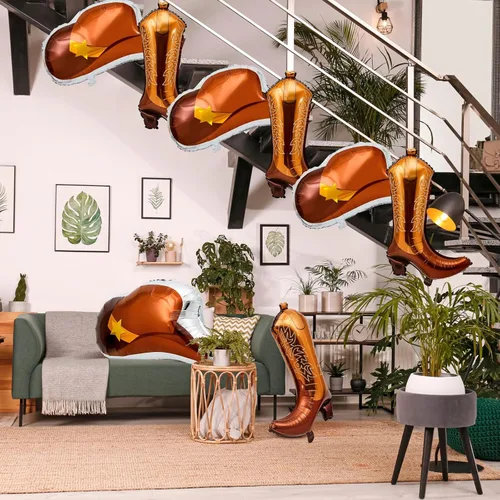 Vista 6 de Wettarn 8 globos de fiesta con temática occidental que incluyen botas de vaquera y sombrero de vaquera, globos de aluminio, decoraciones