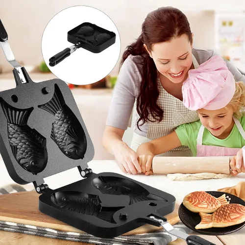 Vista 4 de Taiyaki - Molde para pasteles con forma de pez, máquina de gofres de pescado Taiyaki de aluminio, doble sartén con placa de cocción antiadherente