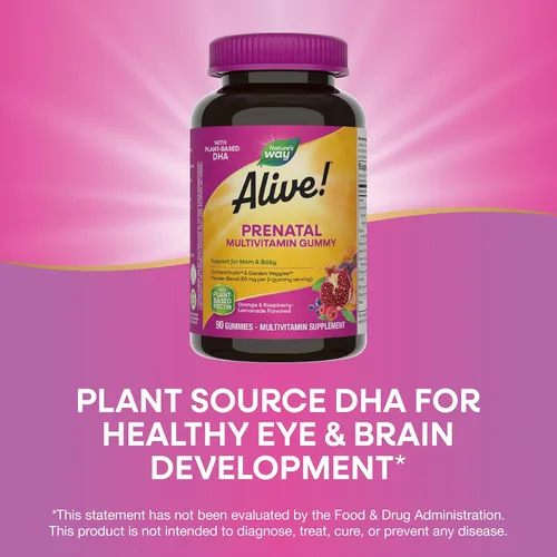 Vista 4 de Nature's Way ¡Alive! Vitaminas prenatales gomosas, suplemento multivitamínico prenatal con DHA a base de plantas para el desarrollo cerebral