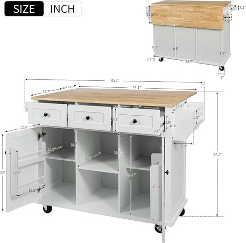 Vista 122 de LUMISOL Carrito de isla de cocina con ruedas de bloqueo con 2 cajones y 4 gabinetes, isla de cocina rodante con estantes ajustables, mesa de madera