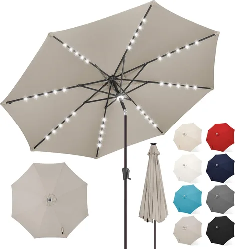 Vista 11 de FLAME&SHADE Paraguas de mesa de patio al aire libre con inclinación, LED de 7.5 pies, LED de 10 pies