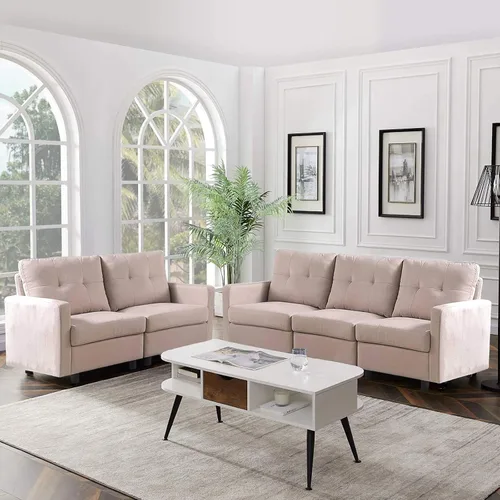 Conjuntos de muebles de sala de estar de 5 piezas, sofá de tela y sofás de 3 asientos, gris