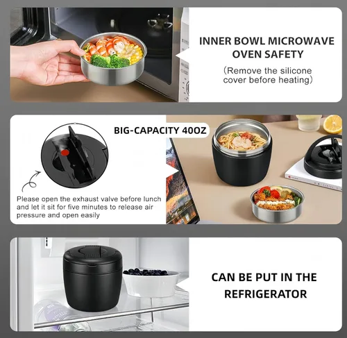 Vista 6 de Recipiente aislado para almuerzo de 40 onzas con bolsa térmica y cuchara plegable, tarro de alimentos de acero inoxidable a prueba de fugas, caja