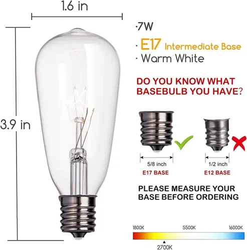 Vista 2 de Paquete de 10 bombillas Edison de repuesto, 7 vatios C9/E17 con base de tornillo intermedia ST40 ST40, bombillas de repuesto vintage ST40 para luces