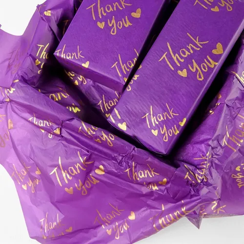 Vista 2 de MR FIVE 100 hojas de papel de seda morado con dorado de agradecimiento a granel, 20 x 14 pulgadas, papel morado de agradecimiento para embalaje