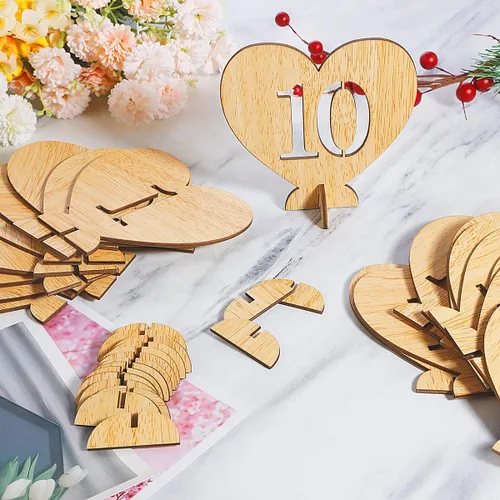Vista 4 de Números de mesa de madera con forma de corazón del 1 al 20 con base de soporte, tarjetas de madera rústicas huecas para bodas, fiestas, decoración