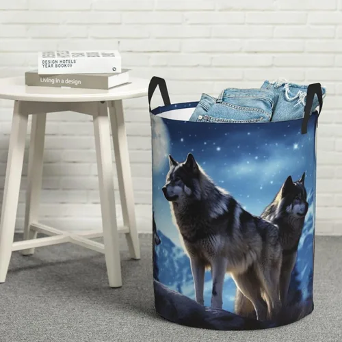Vista 8 de Cesta circular con estampado de lobos, impermeable, cesta organizadora de lavandería, con asas, para ropa, juguetes, pequeña