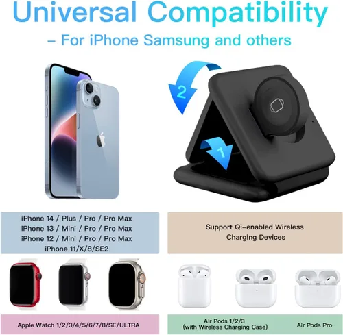 Vista 5 de Cargador inalámbrico Nano 3 en 1, estación de carga inalámbrica Apple y Samsung, cargador de viaje plegable para múltiples dispositivos iPhone