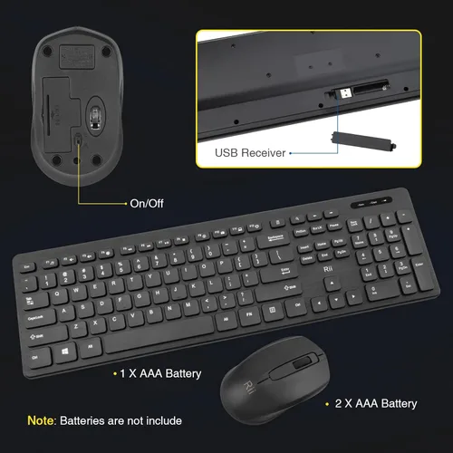 Vista 3 de Combo de teclado y mouse inalámbricos: teclado estándar Rii para PC de oficina y ratones inalámbricos ópticos (negro)