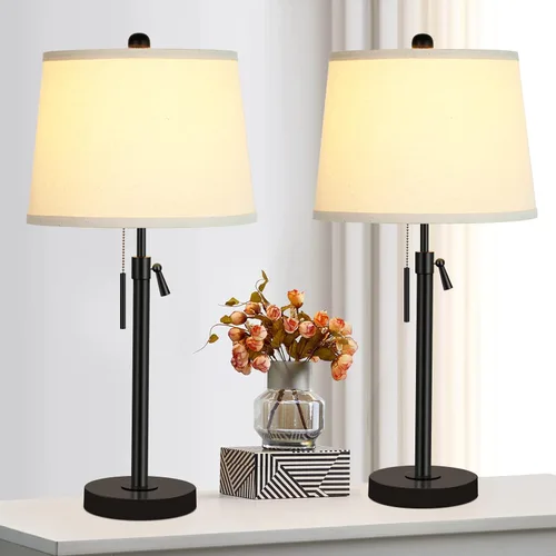 Vista 4 de Juego de 2 lámparas de mesa de noche, altas y negras para mesa auxiliar de sala de estar, lámpara de mesita de noche regulable de 3 vías