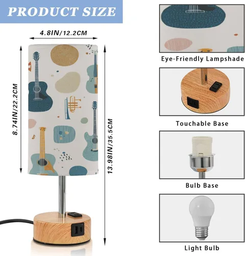Vista 2 de Music Retro Dimmable Bedside Touch Lamps with Charging Ports for Living Room Bedroom Nightstand Office Desk, Light Bulb Included
