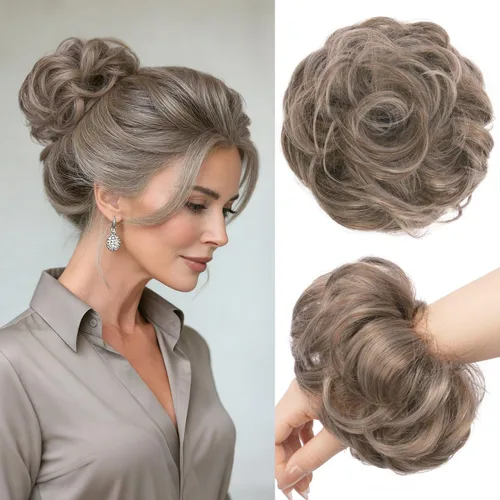 Vista 45 de FESHFEN Pieza de Cabello Grande de Moño Desordenado de Fibra Sintética Negro Azabache, 1.94 oz