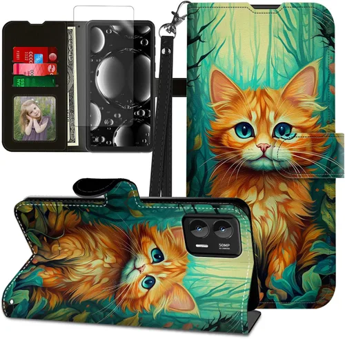 Vista 136 de Funda para Motorola Edge 2022 con protector de pantalla, soporte y tarjetero y correa para la muñeca, funda magnética para Moto Edge 2022 5G UW Lobo