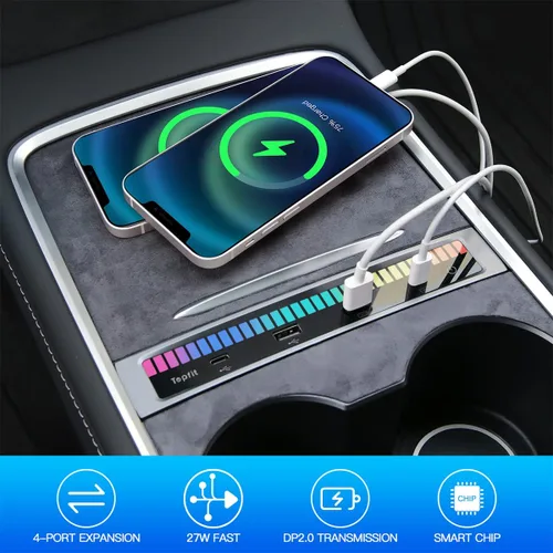Vista 3 de Topfit Para Tesla Modelo 3 Y Luz Ambiental Hub USB Compatible Consola central Compatible Estación de acoplamiento Sensor inteligente para accesorios