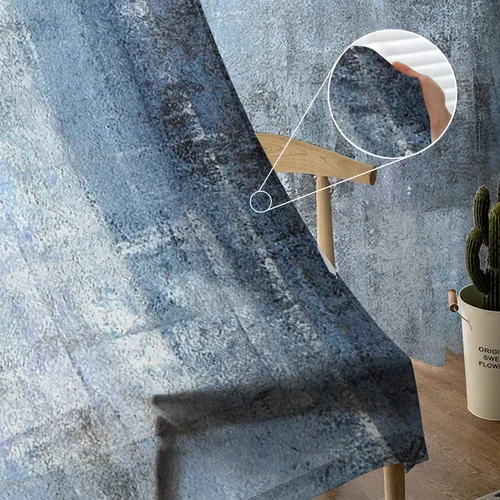 Vista 5 de Cortinas traslúcidas azules abstractas de 84 pulgadas de largo, juego de 2 paneles y cortinas semicortinas grises con bolsillo para barra de cocina