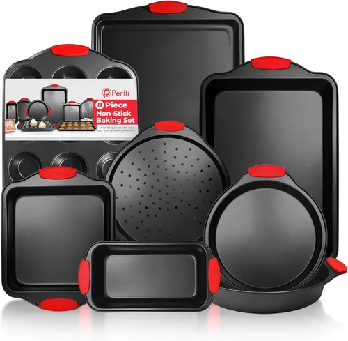 Vista 10 de PERLLI Juego de 3 moldes antiadherentes para hornear, acero al carbono sin BPA, con asas de silicona, juego de horno de cocina apilable, bandeja