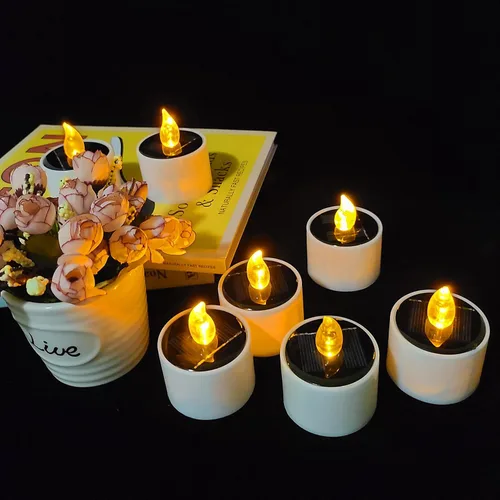 Vista 8 de Velas de té solares, 10 velas LED impermeables sin llama, velas LED recargables ámbar parpadeantes para jardín, patio, camino, decoración del hogar