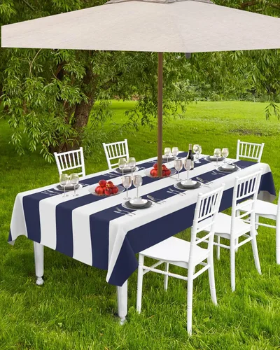 Vista 4 de Mantel rectangular para exteriores de 52 x 70 pulgadas, color azul marino y blanco, a rayas con agujero para paraguas, mantel con cremallera