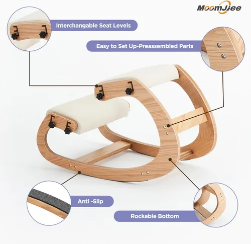 Vista 12 de Silla ergonómica, mecedora ajustable para oficina en casa, silla de oficina de madera para aliviar el dolor de espalda, gris