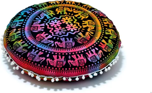 Vista 11 de Funda redonda para cojín de mandala, estilo hippie, bohemio, otomana, con pompones, funda decorativa, boho, india, 22 pulgadas (multicolor Yin yang)
