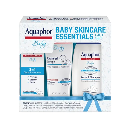 Set de regalo de productos esenciales para el cuidado de la piel del bebé Aquaphor con jabón y champú para bebé (16.9 fl oz) + ungüento curativo