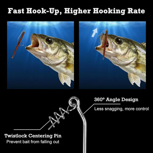 Vista 3 de OROOTL Twistlock Fishing Hook, 30pcs Swimbait Hooks with Centering Pin Unweighted Twist Lock Worm Hooks for Bass Fishing Soft Plastics Lures Baits