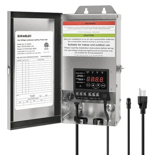 SURAIELEC Transformador de paisaje de 300 W (12 V/15 V AC), transformadores de bajo voltaje para exteriores para iluminación de paisajes, sensor de