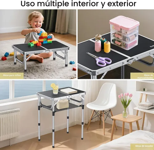Vista 7 de Anbte Mesa de campamento plegable, de aluminio de 24 x 16 pulgadas, altura ajustable, pequeña mesa plegable con asa de transporte, ligera, mesa