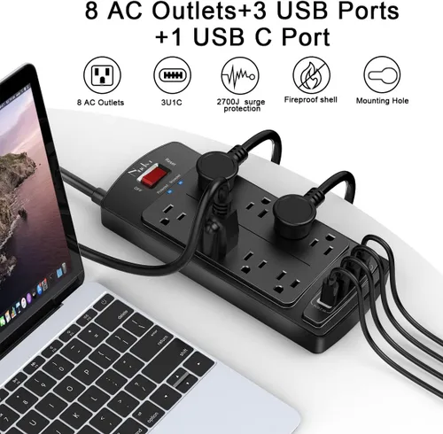 Vista 2 de Regleta de Protección contra Sobretensiones - Nuetsa Cable de Extensión de Enchufe Plano con 8 Tomas y 4 Puertos USB, Cable de Alimentación de 6
