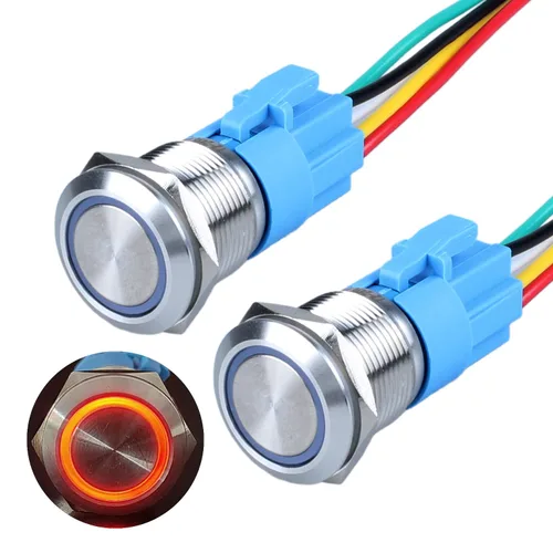 Vista 9 de 2 piezas de interruptor de botón momentáneo de metal de 0.630 in (ON) -Off 12V 24V DC Halo Ring LED iluminado impermeable anti-vandalismo carcasa