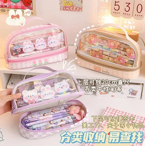 Vista 4 de JHTPSLR Estuche para lápices Kawaii grande con correa de doble capa, transparente, impermeable, lindo, estuche para lápices, bolsas para bolígrafos