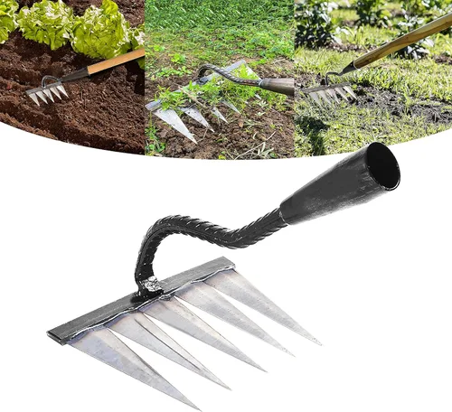 Rastrillo de jardín, herramientas de jardinería rastrillo resistente con 5 púas de metal, herramientas afiladas de jardín, todas las herramientas de
