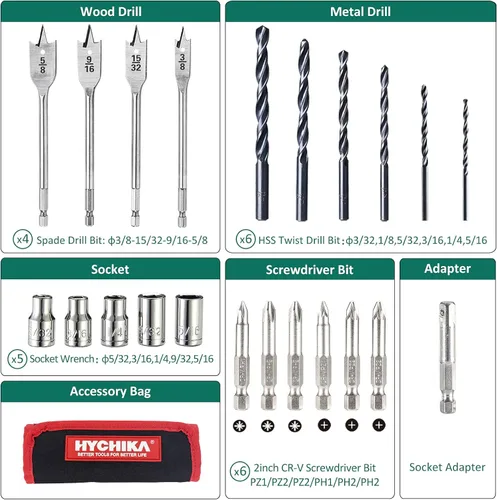Vista 7 de HYCHIKA - Taladro de martillo inalámbrico de 18 V, taladro eléctrico de 400 In-lbs con mango auxiliar, mandril de metal de 1/2 pulgada, batería