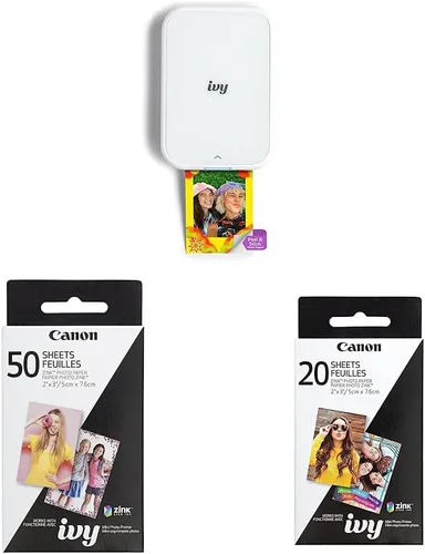 Canon Ivy 2 Mini impresora fotográfica, impresión desde dispositivos iOS y Android compatibles, impresiones adhesivas, paquete de papel fotográfico