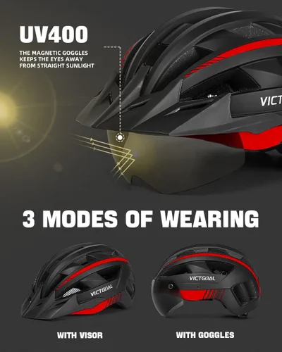 Vista 2 de VICTGOAL Casco de bicicleta con luz trasera recargable por USB, gafas magnéticas desmontables, visera solar extraíble, cascos de bicicleta