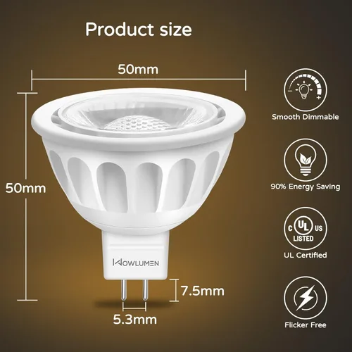 Vista 4 de Bombilla LED MR16 regulable, 5 W (equivalente a 50 W) 2700 K blanco cálido, bombillas de base GU5.3, ángulo de haz de 40°, 12 V CA CC - sin