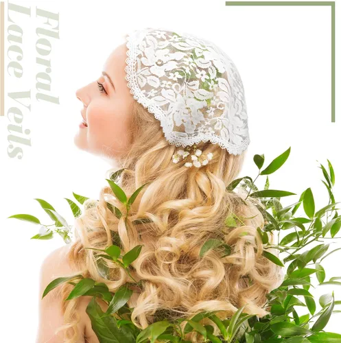 Vista 4 de JenPen 2 piezas de cubiertas de encaje bordado para la cabeza para mujer, velos de capilla para iglesia redondo floral encaje mantilla, blanco