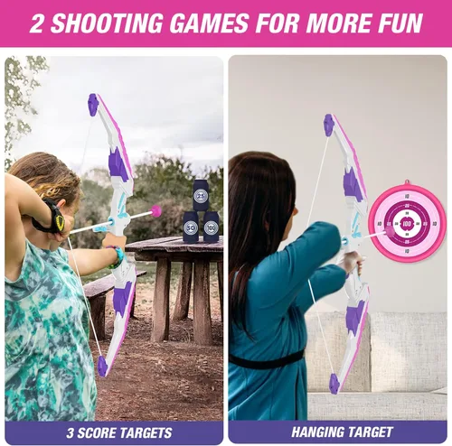 Vista 2 de HYES Arco y flecha para niños, juego de tiro con arco con luz LED con 12 flechas de ventosa, 1 objetivo para colgar, 3 objetivos de puntuación y 1