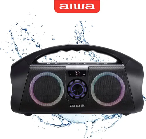 Vista 2 de AIWA Boombox portátil - Altavoz Bluetooth impermeable, Boombox inalámbrico recargable con iluminación LED multicolor y pantalla digital, entrada AUX