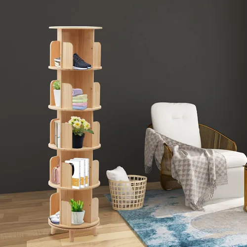 Vista 4 de Estantería giratoria de 360, estante apilable de madera maciza de 5 niveles, estante de almacenamiento de pie para sala de estar, estudio y oficina