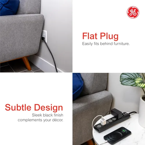 Vista 3 de GE Protector contra Sobretensiones con Regleta de Enchufes, Cable de Extensión de 4 Pies, Extensor de 6 Tomas, 800 Julios, Enchufe Plano, Cubiertas