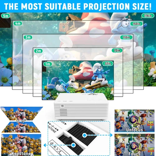 Vista 6 de Mini proyector de video, compatible con 1080P, proyector de cine portátil para exteriores, pantalla de 176 pulgadas compatible con TV Stick, HDMI