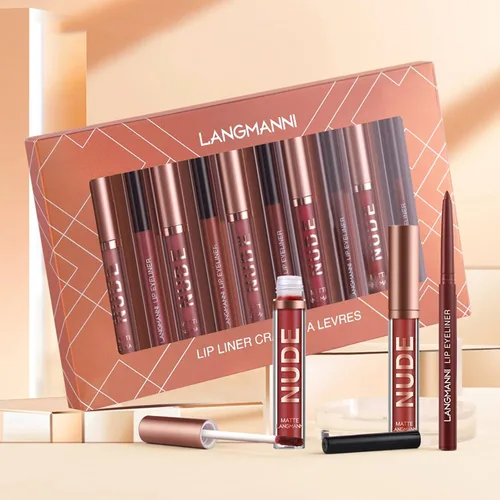 Vista 6 de LANGMANNI Aceite de labios (fresa)+6 lápices labiales mate con 6 delineadores de labios Set de maquillaje duradero