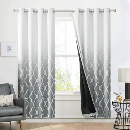 Vista 25 de Cortinas Metro Parlor Ombre 100% opacas de 72 pulgadas de largo, 2 paneles para sala de estar, dormitorio con patrón geométrico marroquí azul