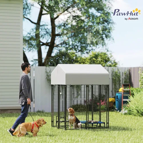 Vista 2 de PawHut Perrera para Perros al Aire Libre con Techo, 4' x 4' x 6' Recinto de Juegos para Perros de Alambre Soldado Resistente con Cerradura a Prueba